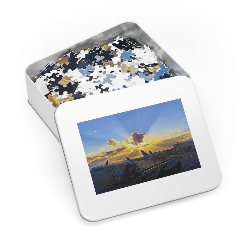 Sunset Airport Jigsaw Puzzle with Tin, Travel Gift, Family Activity, Puzzle Lovers, Home Decor, Mindfulness Game